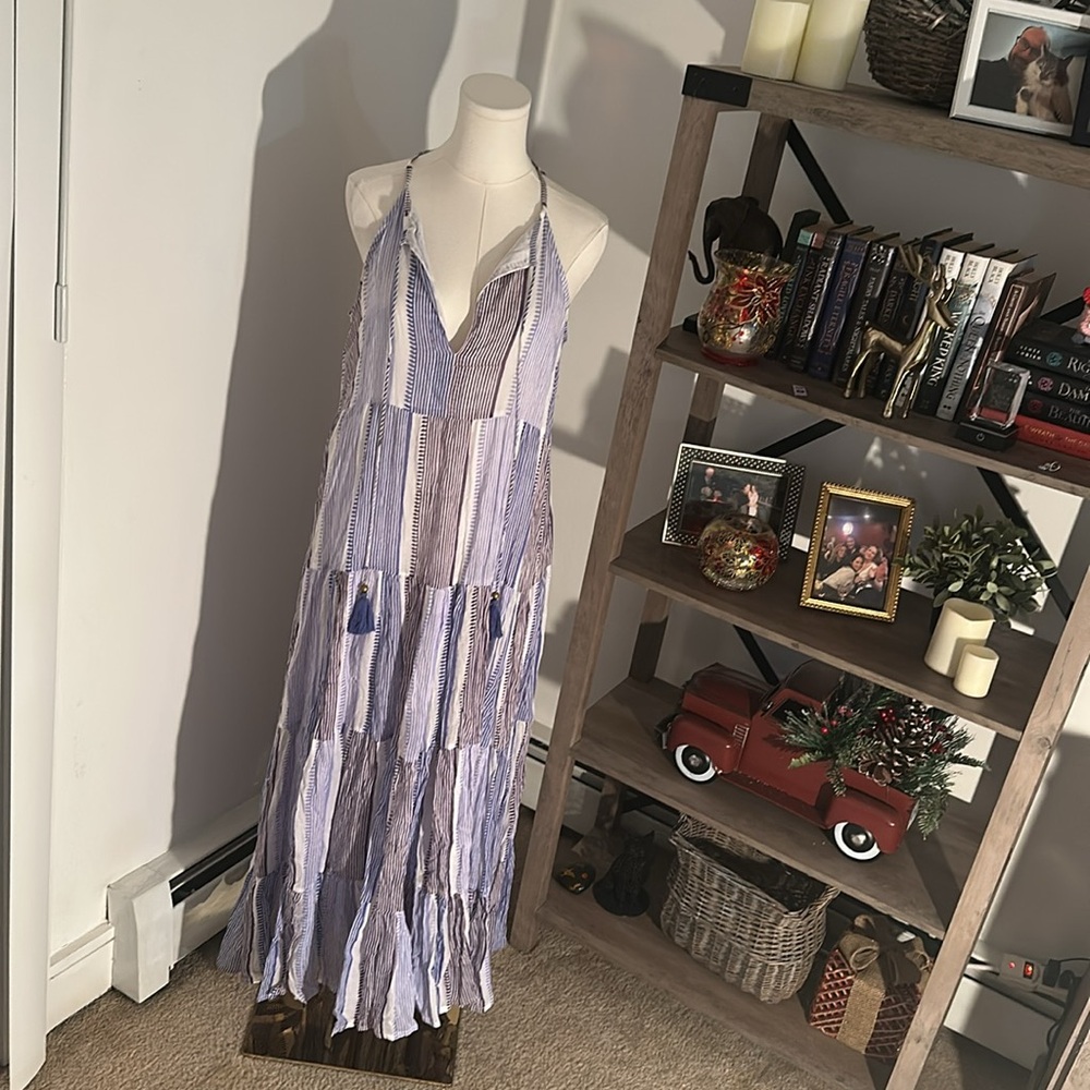 Oliphant Blue and White Striped Maxi Dress